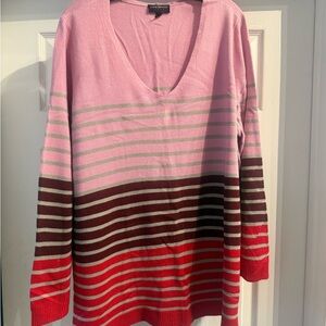 Lane Bryant Pink and Red Striped V-Neck Sweater